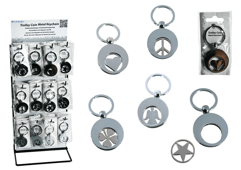 Schlüsselanhänger mit Einkaufswagenchip Symbol aus Metall Silber 5-fach, (B/H) 3x3cm, 60 Stk. auf Display Schlüsselanhänger mit Einkaufswagenchip Symbol aus Metall Silber 5-fach, (B/H) 3x3cm, 60 Stk. auf Display