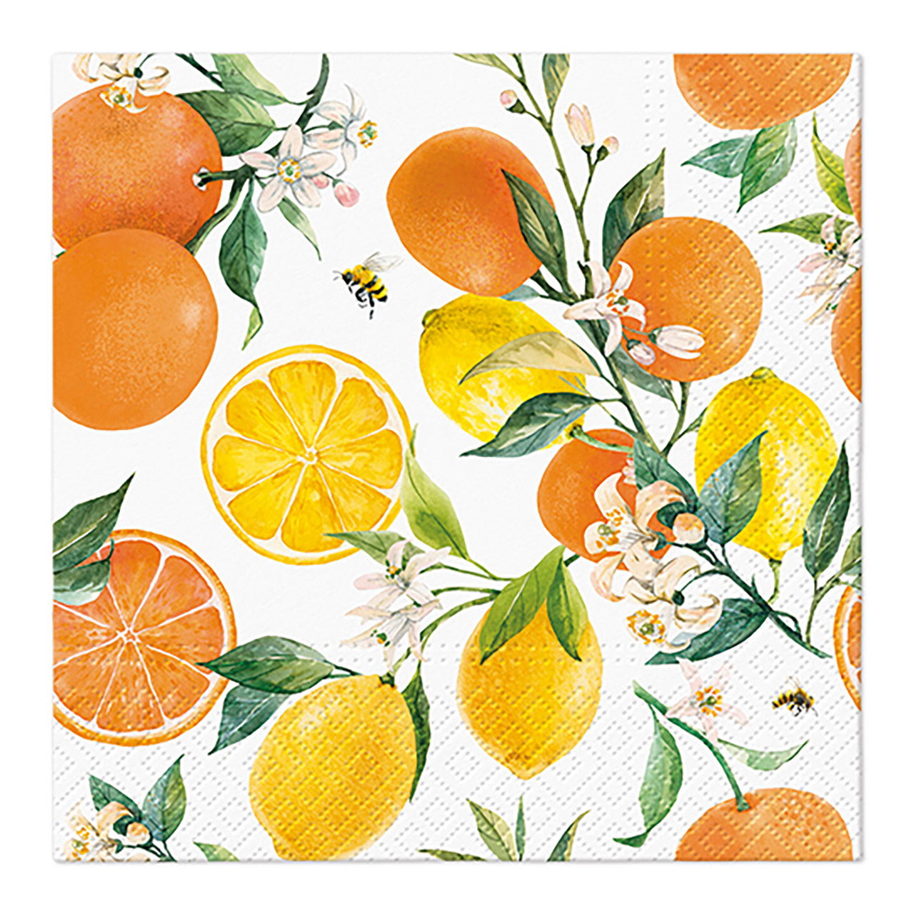 Serviette de table décor agrumes en papier/carton, 3 plis, lot de 20, blanc/jaune/orange (L/H) 33x33cm Serviette de table décor agrumes en papier/carton, 3 plis, lot de 20, blanc/jaune/orange (L/H) 33x33cm