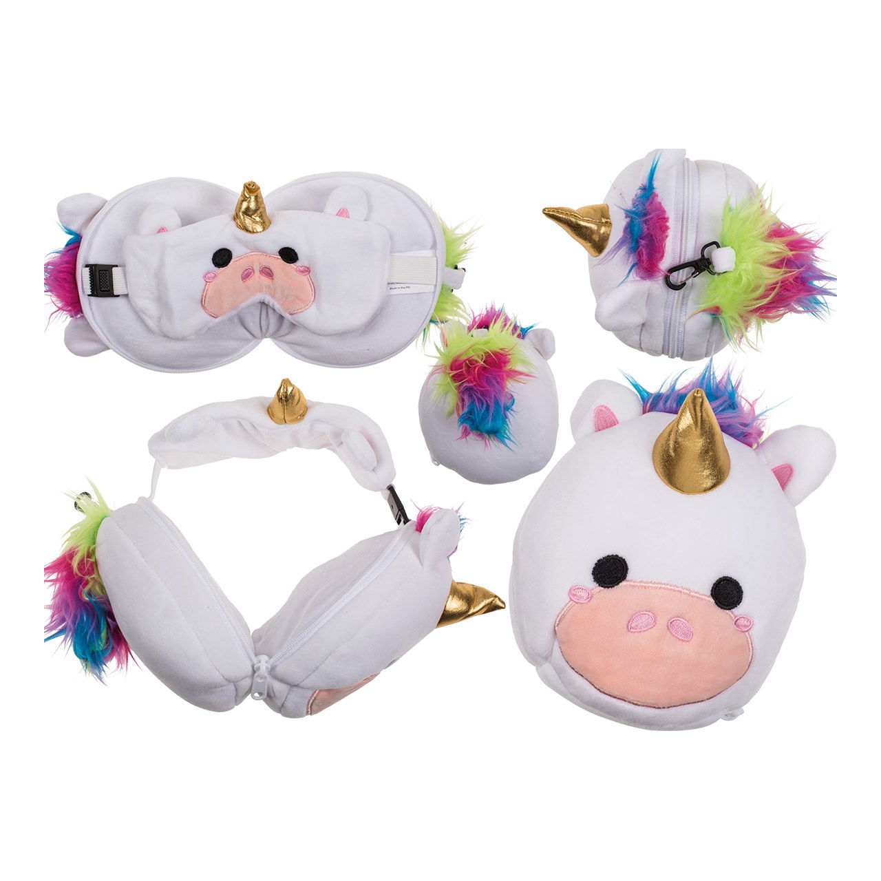 Children plush travel pillow with eye mask unicorn, made of textile white (W/H/D) 15x14x14cm