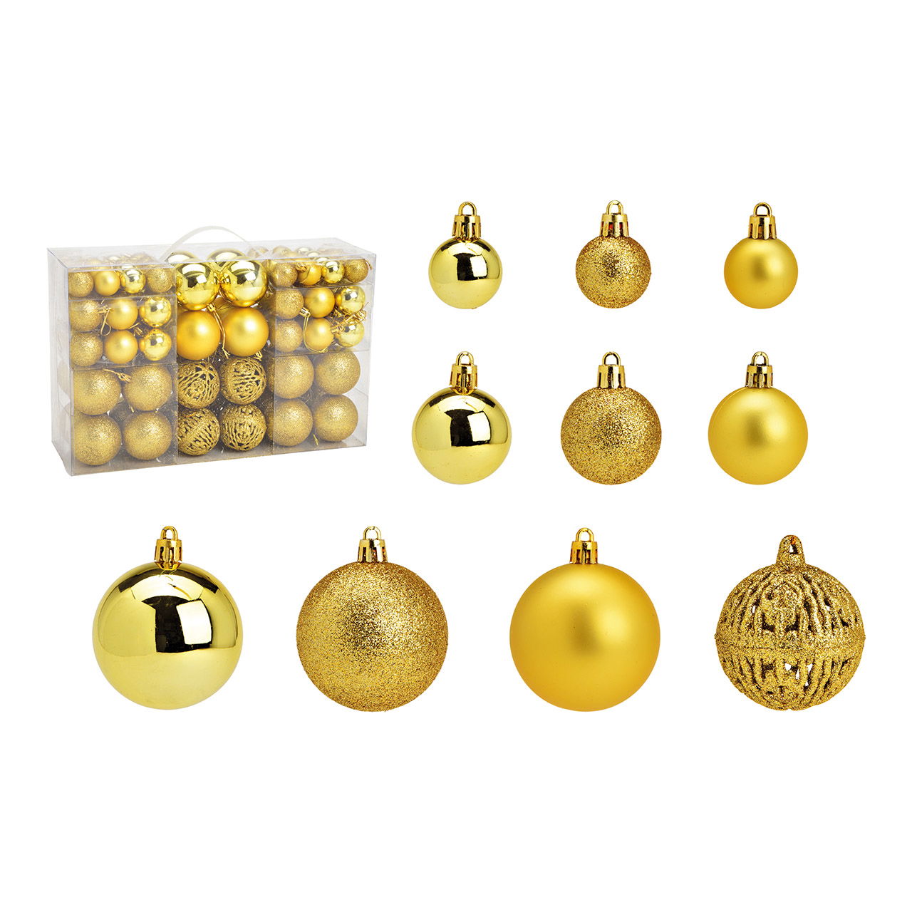 Plastic Christmas baubles, set of 100, Lemon Gold Ø3/4/6cm (W/H/D) 23x35x12cm Plastic Christmas baubles, set of 100, Lemon Gold Ø3/4/6cm (W/H/D) 23x35x12cm