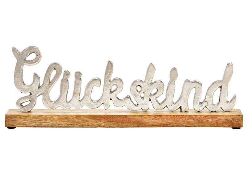 Présentoir écriture, enfant chanceux, sur socle en bois de manguier en métal argenté (L/H/P) 40x14x5cm