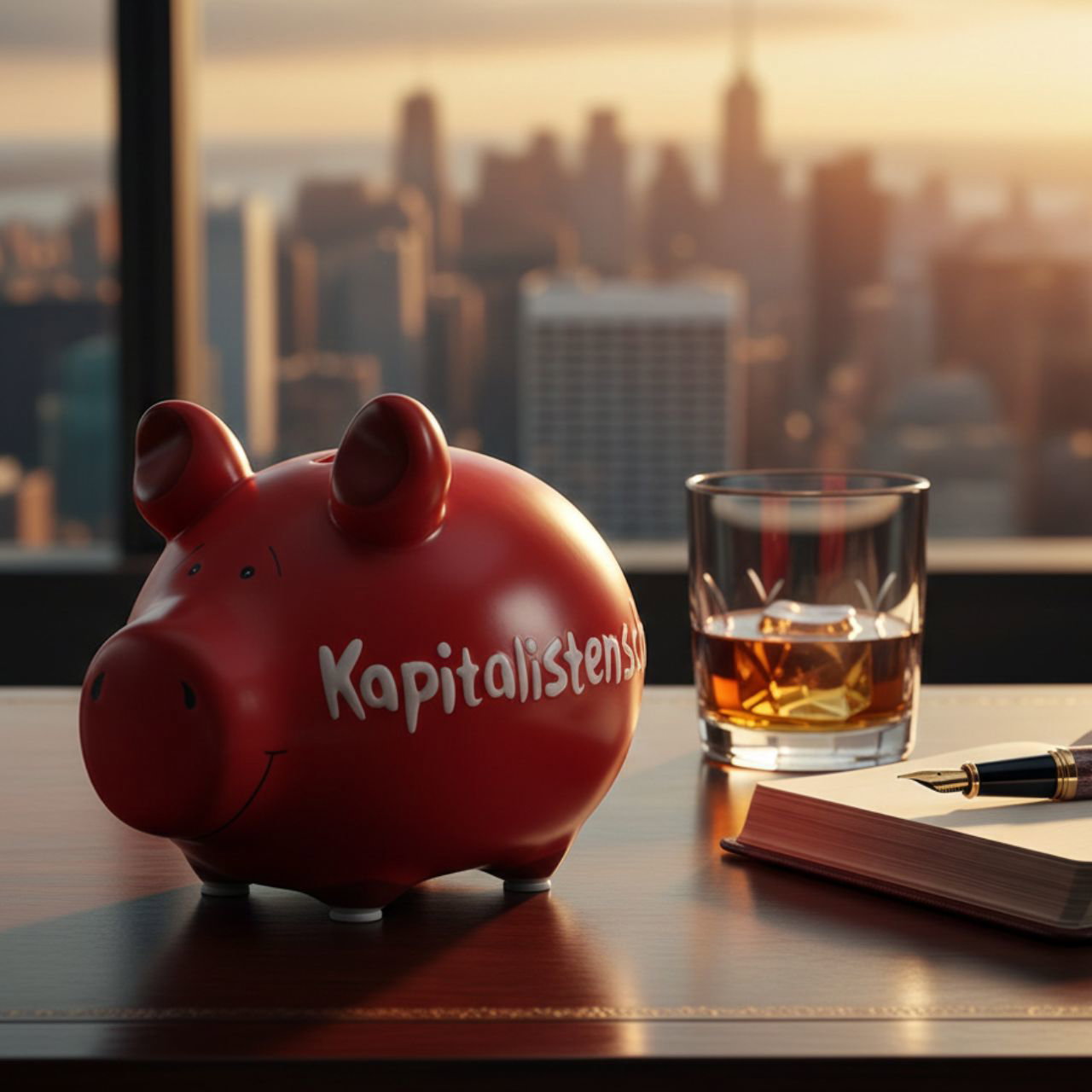 Sparschwein, Rot, Sichtbar, Glas Whisky, Notizbuch
