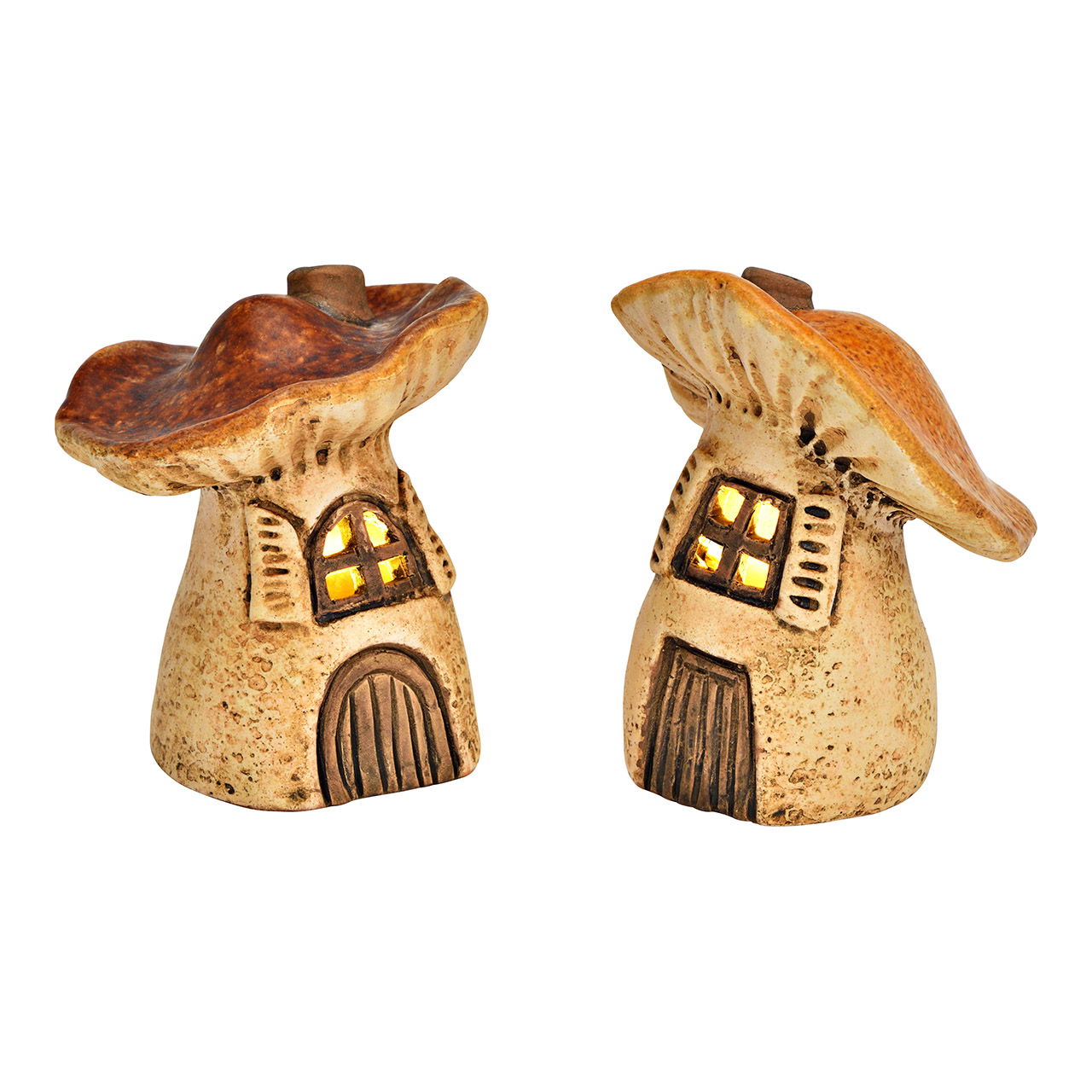 Figur Pilz Haus mit LED aus Steingut, 2-fach, Braun (B/H/T) 8x10x8cm Batteriebetrieb 2xLR44 nicht enthalten 