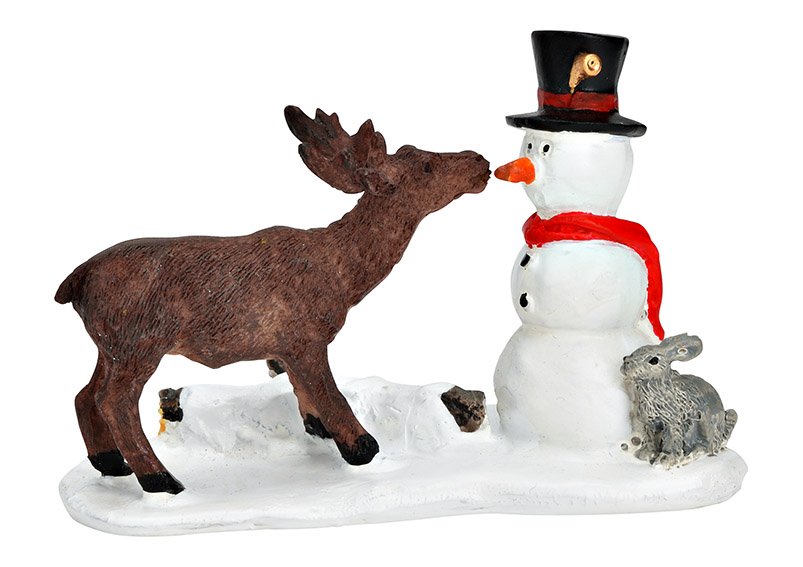 Figurines miniatures de bonhomme de neige, cerf en poly multicolore (L/H/P) 9x7x4cm