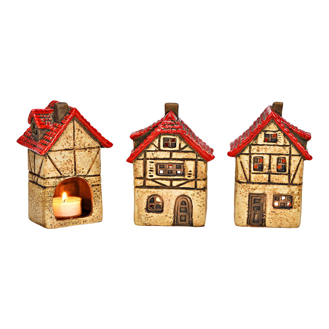 Photophore Maison en faïence, triple, rouge/naturel (L/H/P) 9x14x7cm Photophore Maison en faïence, triple, rouge/naturel (L/H/P) 9x14x7cm