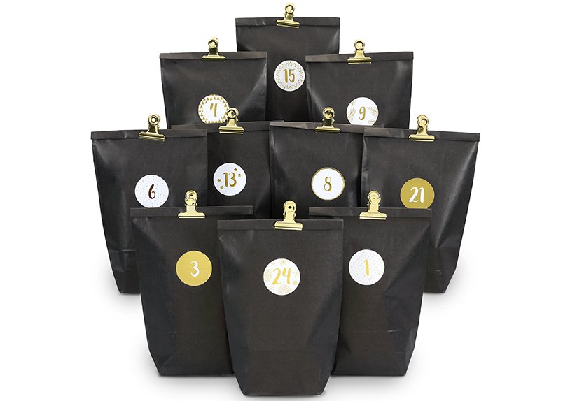 Advent calendar printed paper/cardboard bags with golden clips black (W/H/D) 24x21x2cm