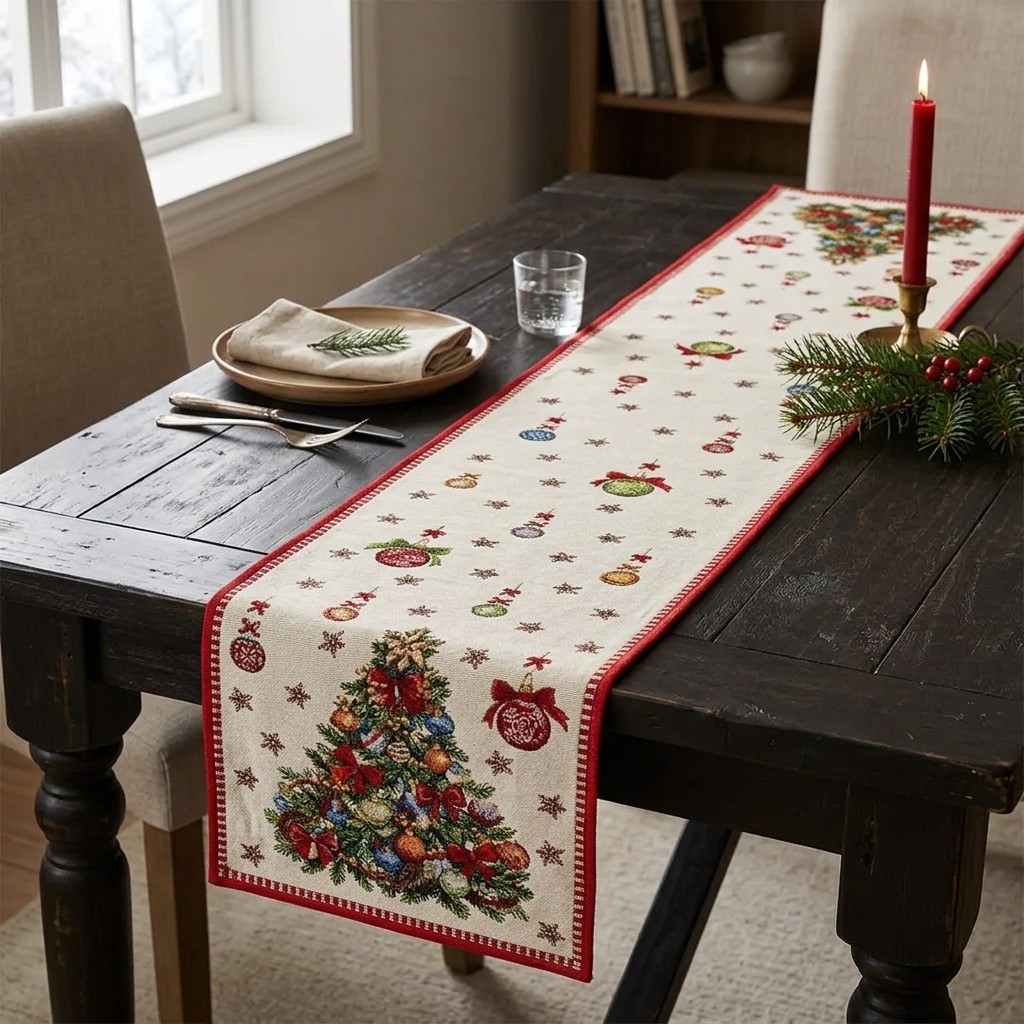 Camino de mesa Adorno de árbol de Navidad de tela, beige/rojo (Ancho/Alto) 183x33cm Weihnachtsband, Dekorband, Kräuselband, Weihnachtsmotiv, Weihnachtsdeko