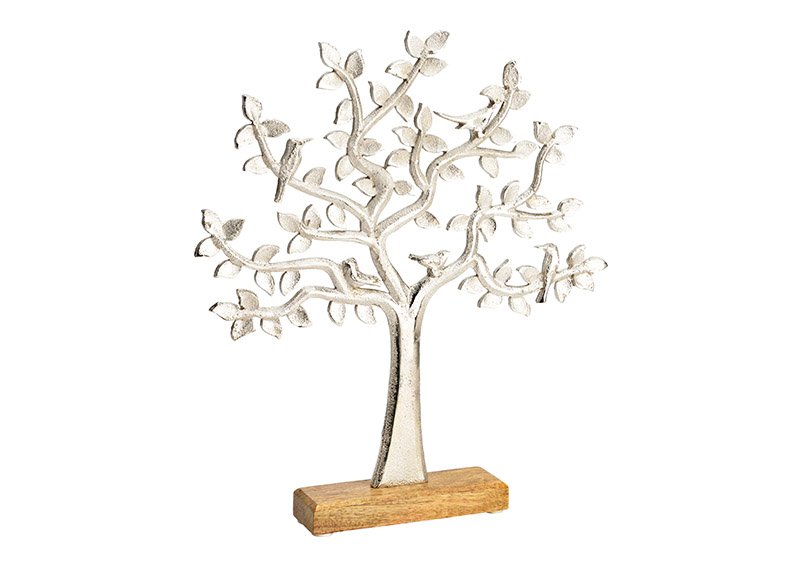Aufsteller Baum auf Mangoholz Sockel aus Metall silber (B/H/T) 33x37x5cm