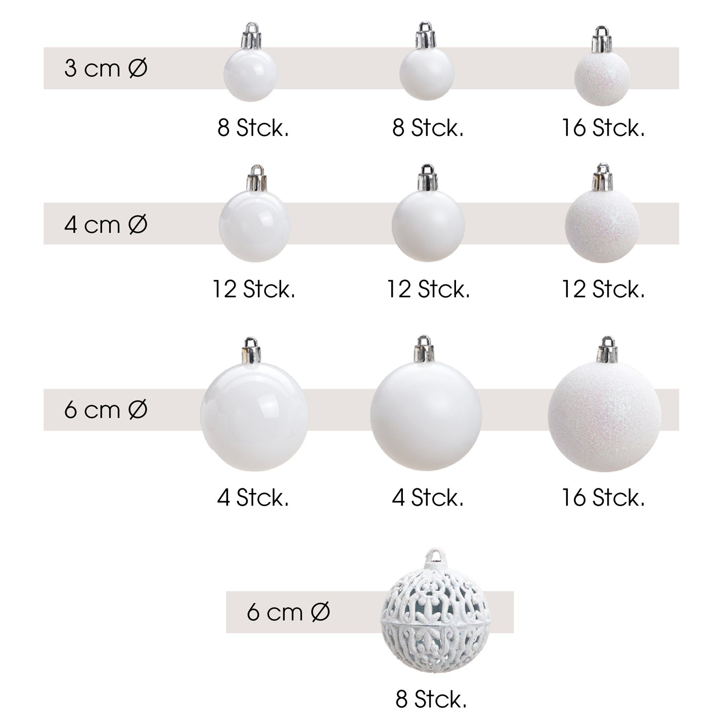 Set di palline di Natale in plastica Bianco, set di 100, (c/h/d) 35x23x12cm Ø3/4/6cm