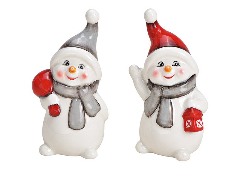 Ceramic snowman white, red, gray 2-fold, (w / h / d) 6x11x5cm