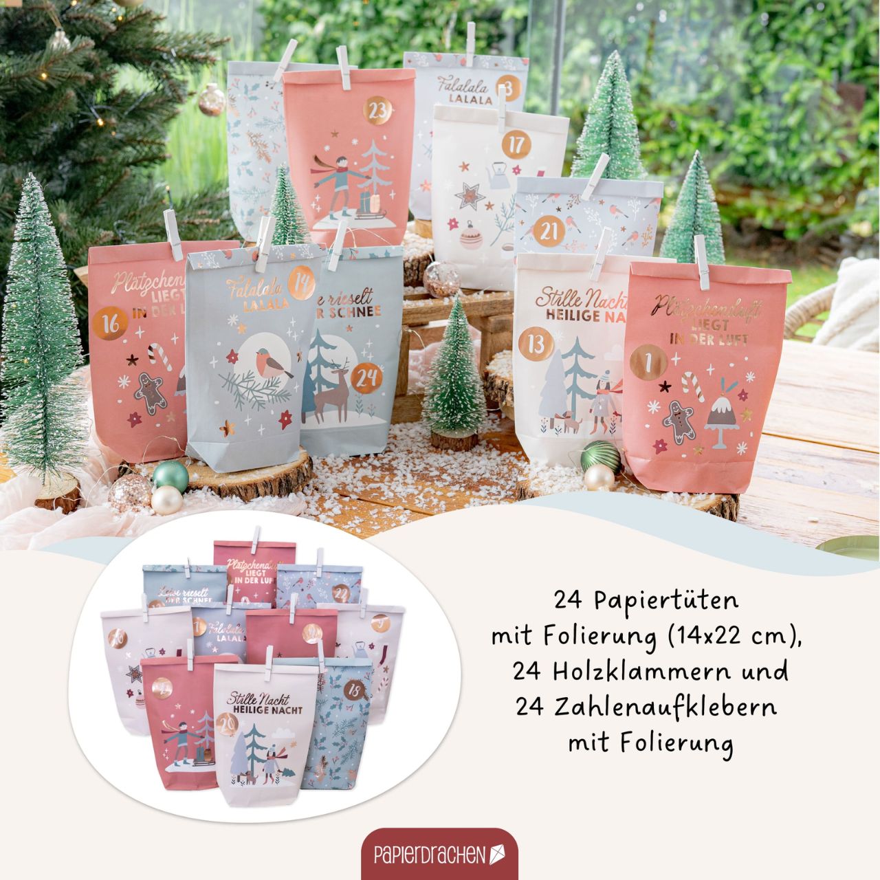 Papiertüten, Weihnachtsdesign, Holzklammern, Zahlenaufkleber, Folierung