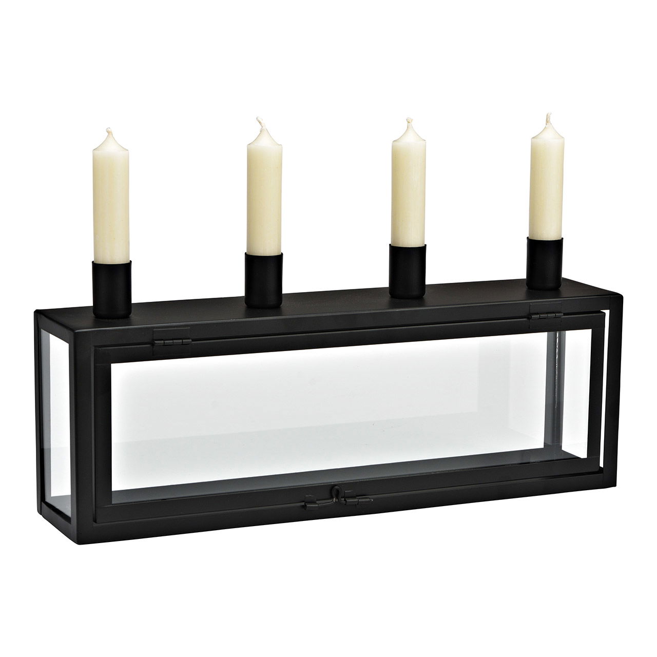 Adventsgesteck, Kerzenhalter auf Box aus Metall/Glas, Schwarz (B/H/T) 38x17x8cm Adventsgesteck, Kerzenhalter auf Box aus Metall/Glas, Schwarz (B/H/T) 38x17x8cm