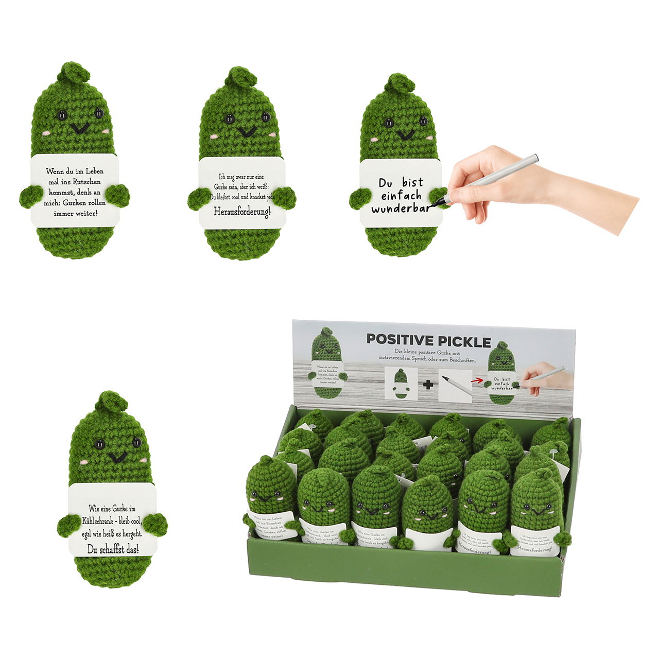 Positive Pickle, pepino de ganchillo hecho de textil, 4 pliegues, verde (A/A/D) 4x11x4cm 3x con refrán, 1x para etiquetar 24er expositor Grün
