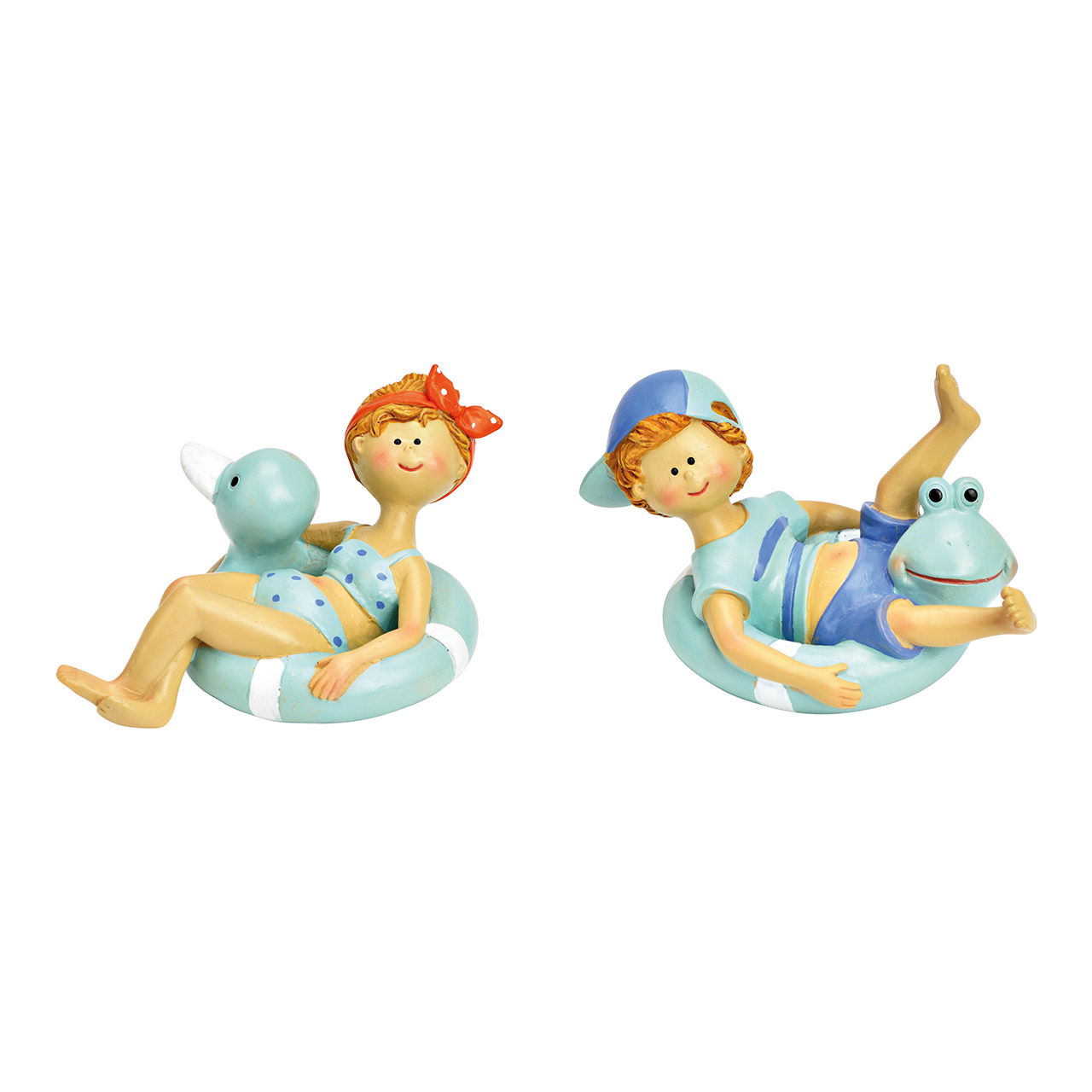 Mädchen, Junge in Badesachen im Schwimmring aus Poly blau 2-fach, (B/H/T) 13x8x8cm