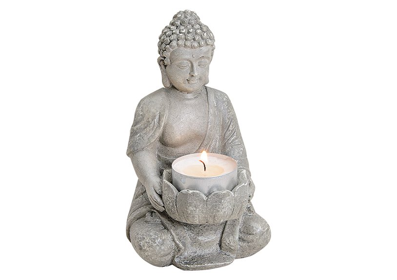 Bouddha avec porte-bougie à chauffe-plat gris en poly, L9 x P8 x H14 cm