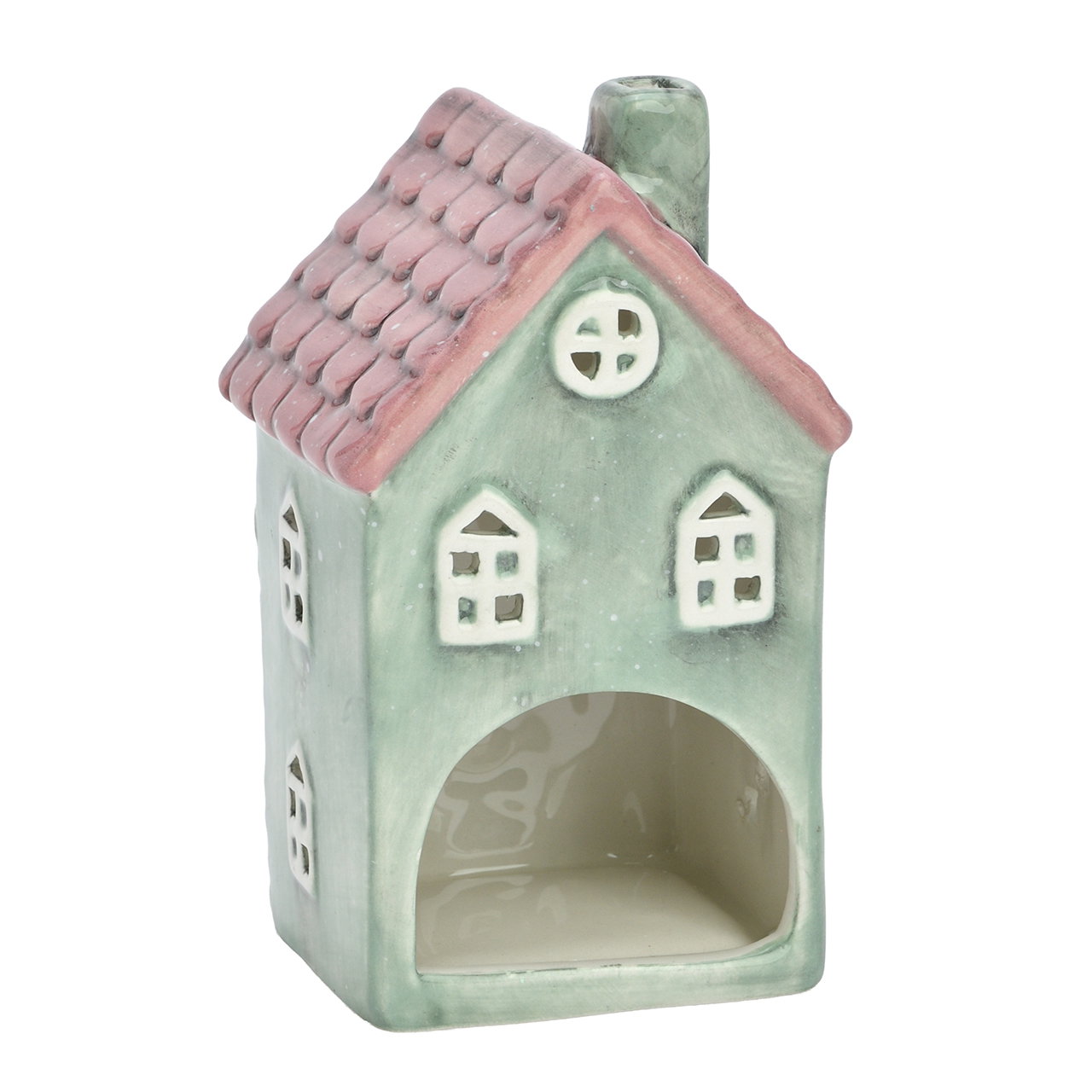 Miniaturhaus, Dekorationskeramik, Keramik, Pastellgrün, offenes Figurengehäuse