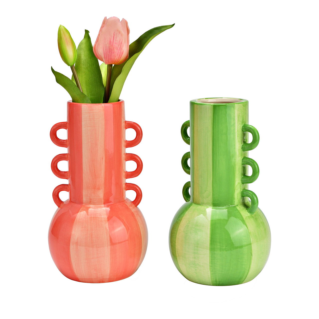 Striped ceramic vase 2-fold, green/pink (W/H/D) 11x21x11cm