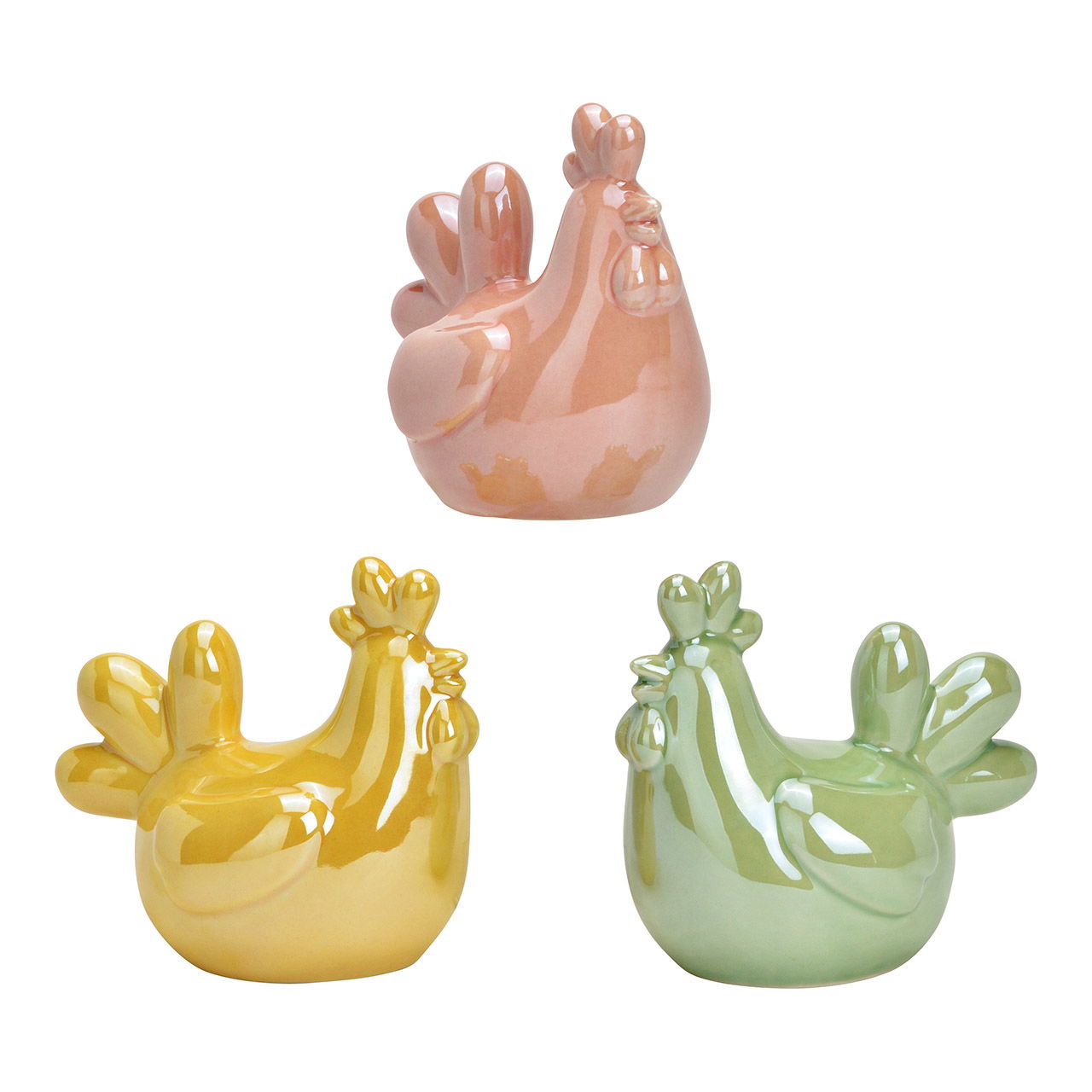Figurine Poulet brillant en porcelaine, 3 fois, jaune/rose/vert (L/H/P) 11x10x8cm Figur, Krug, Töpferei, Vase, Porzellan