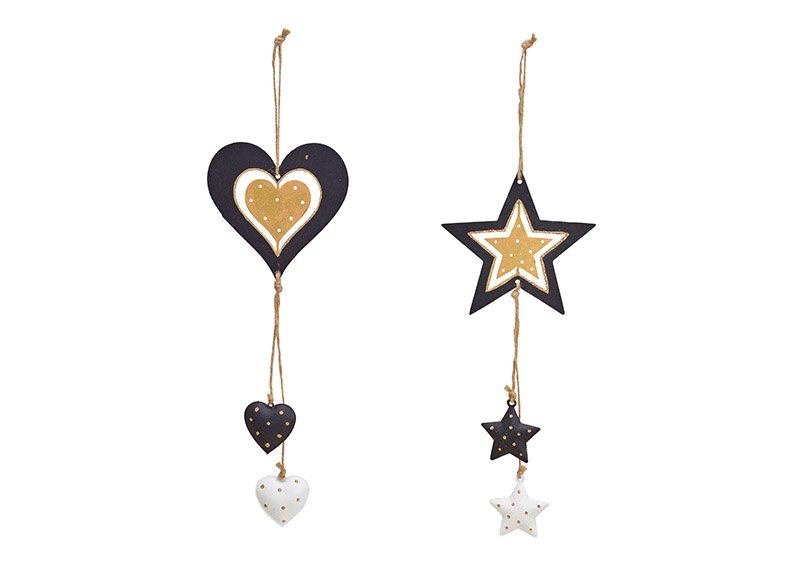 Christmas hanger star, heart of metal black, gold 2-ass, 11x26x1cm
