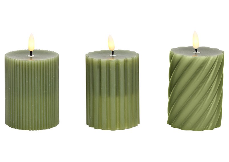 Candle LED warm white wick flame, 2xAAA not Incl. from wax green 3-fold, (W/H/D) 7x9x7cm