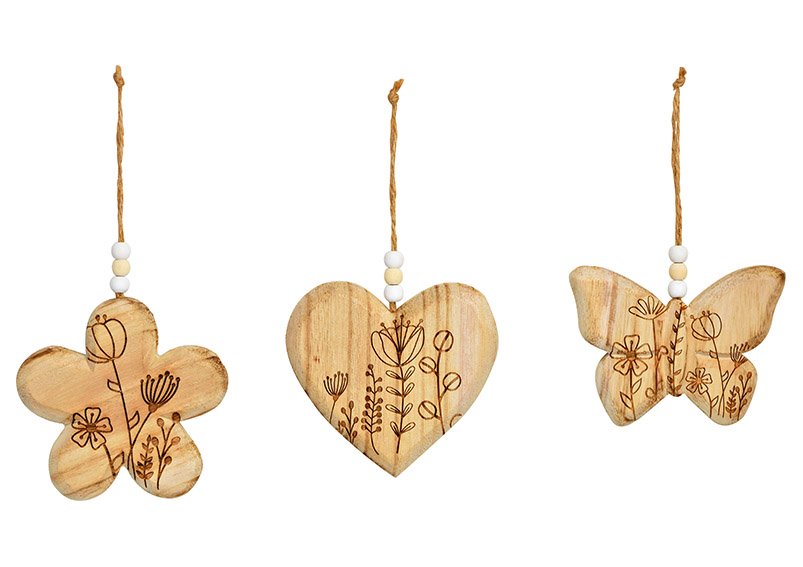 Hanger hart, vlinder, bloem van hout bruin 3-voudig, (B/H/D) 10x10x2cm