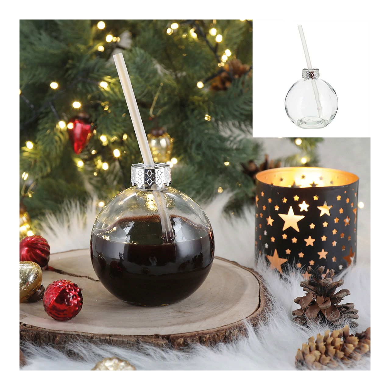 Drinking glass Christmas tree ball with drinking straw made of glass transparent (W/H/D) 10x11x10cm 400ml