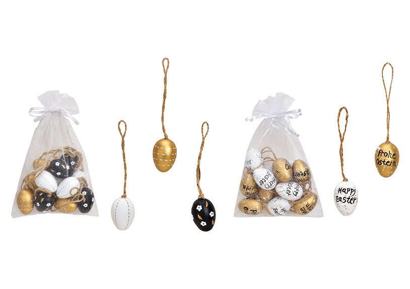 Set di 12 uova di Pasqua 3x4x3cm, plastica nera, bianco/oro, in sacchetto di organza 2 volte, (w/h/d) 12x12x3cm