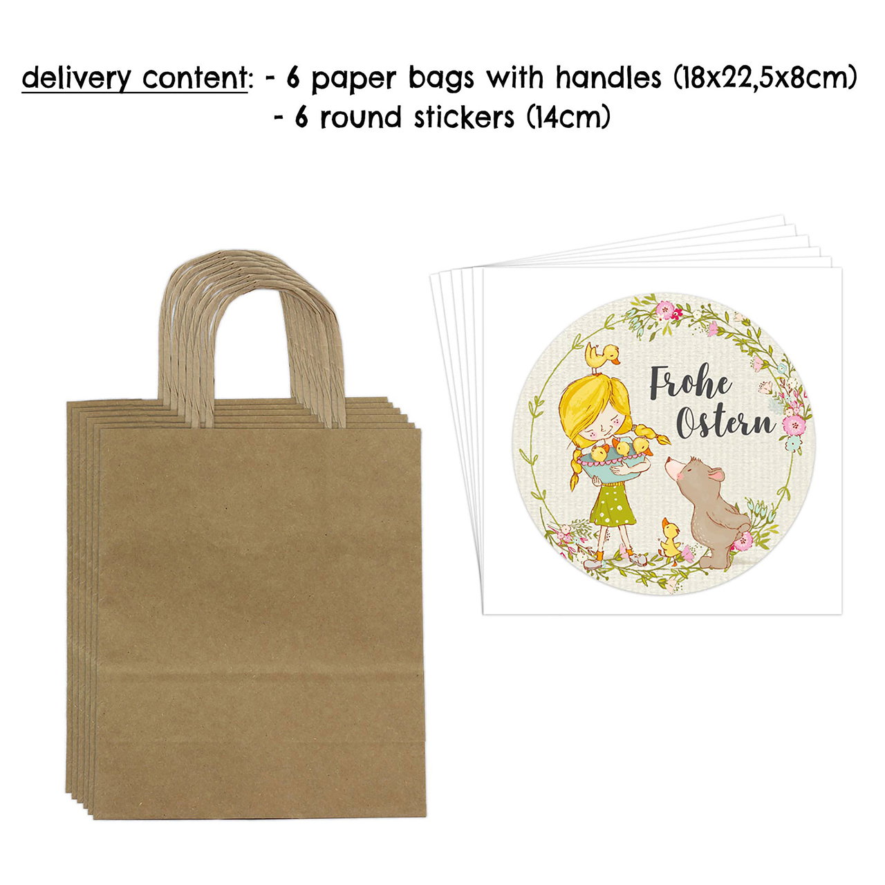 XXL Sacs de Pâques Anse en papier/carton, set de 6, brun (L/H/P) 18x22x8cm Autocollants Ø 14 cm Tasche, Tragetasche, Person, Zubehör, Handtasche