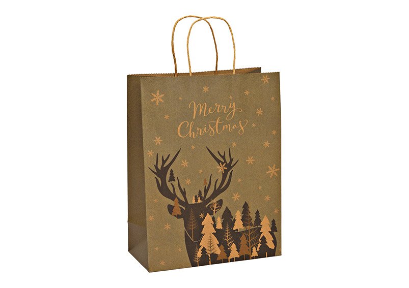 Sac cadeau, cerf, Merry Christmas, FSC en papier/carton brun (L/H/P) 25x33x12cm