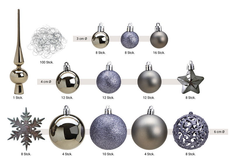 Plastic Christmas baubles, set of 111, gray Ø3/4/6cm (W/H/D) 36x23x12cm Zubehor, Ohrring, Schmuck, Granate, Waffe