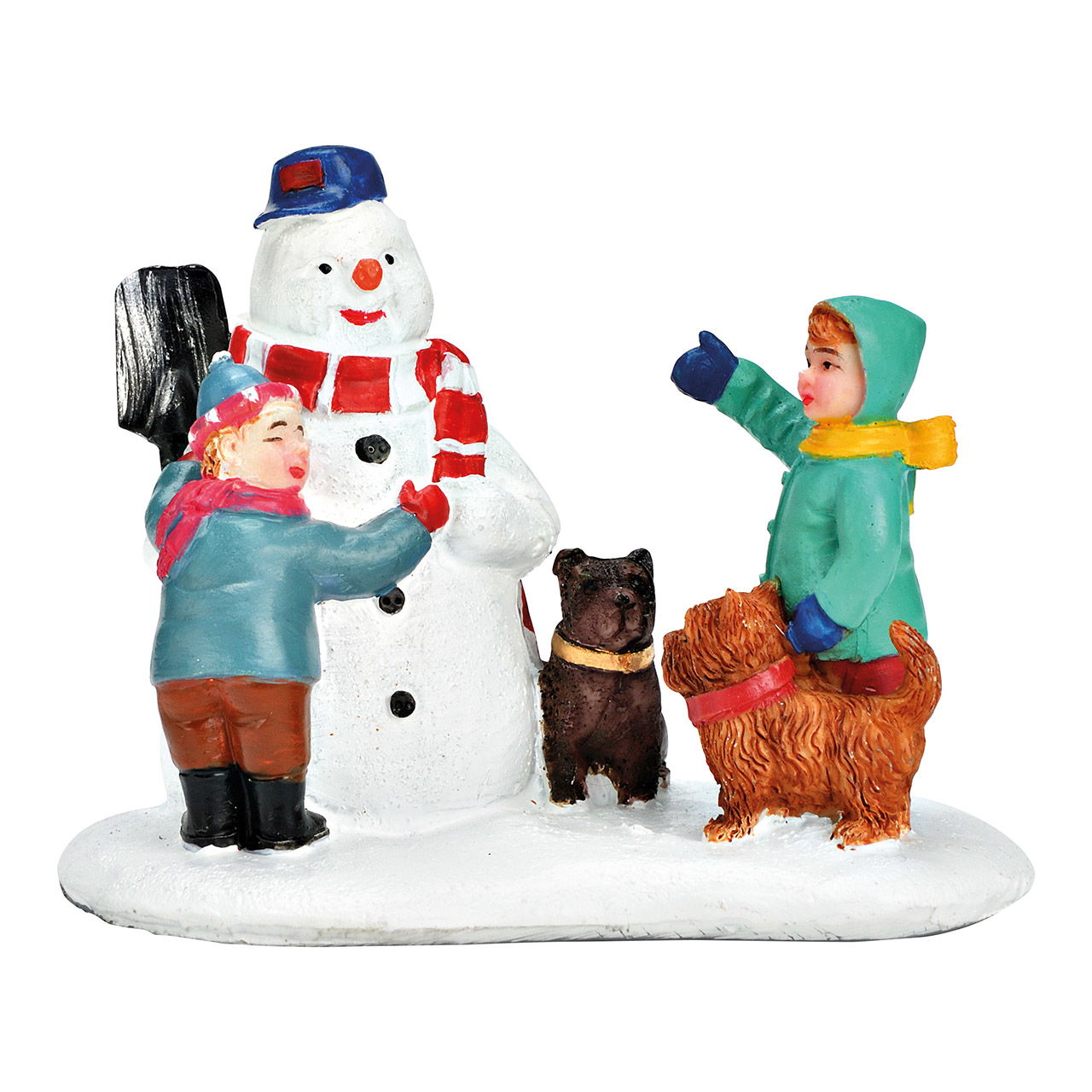 Niños en miniatura con perros, muñeco de nieve de poli de colores (A/A/P) 10x7x5cm