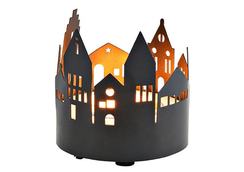 Tealight holder house of metal, wood black (W/H/D) 7x7x7cm