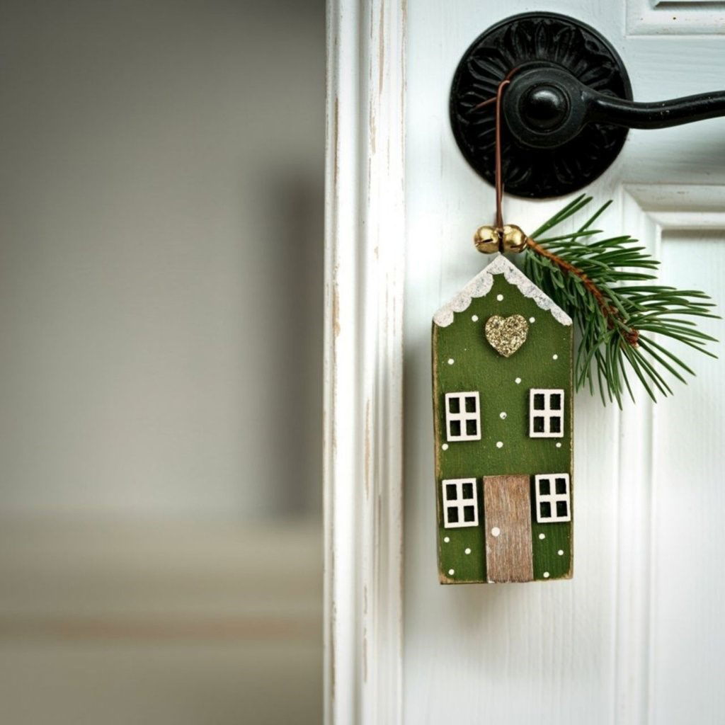 Weihnachtshänger Haus aus Holz, 3-fach, Weiß/Rot/Grün (B/H/T) 4x9x1cm auf Baumständer (B/H/T)17x31*11cm
