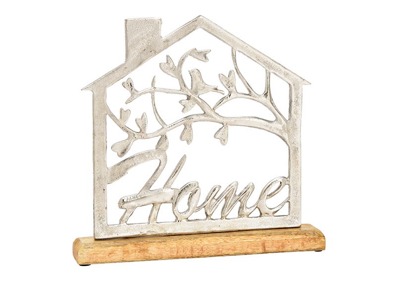 Huis, belettering, thuis, op mango houten basis, gemaakt van metaal zilver (w/h/d) 30x29x5cm