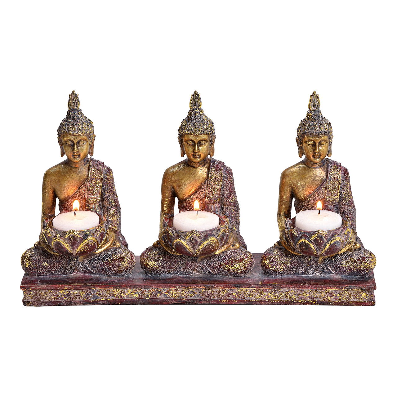 Tealight holder buddha for 3 pcs tealight, poly, gold glitter 29x17x8cm