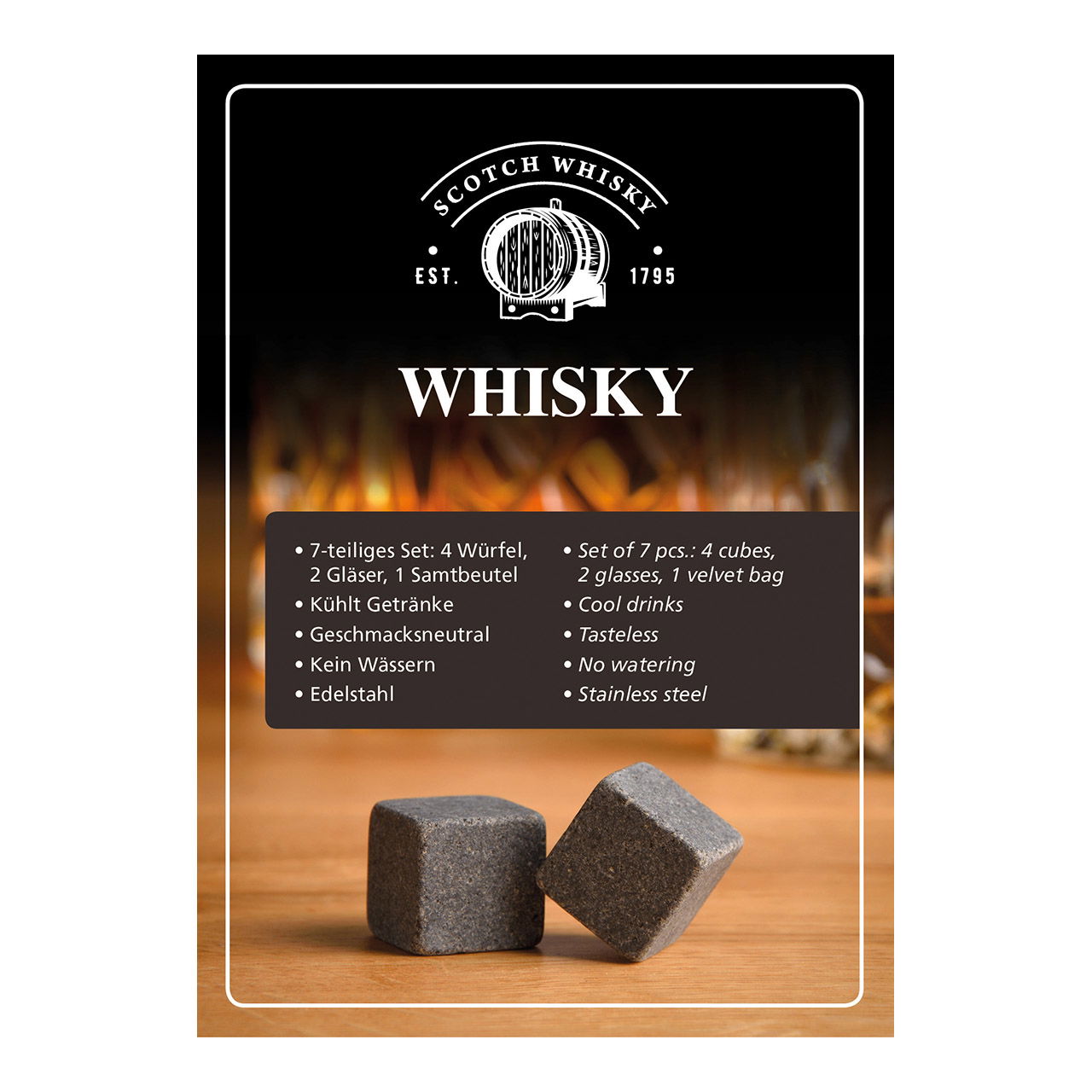 Whisky steen set, basalt stenen ijsblokje, 2cm, 4 blokjes met 2 glazen, 9x8x9cm, 300ml, 23,6x11,5x15,8cm