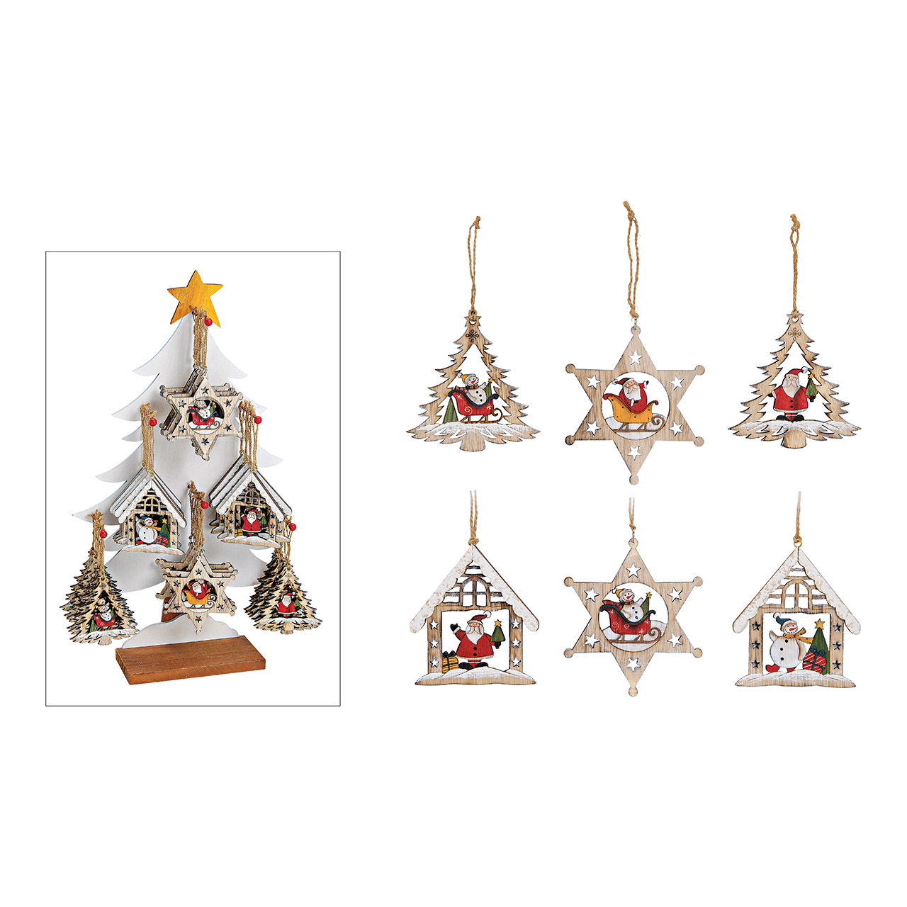Weihnachtshänger Baum Haus Stern auf Baumständer aus Holz, 6-fach, Natur (B/H/T) 10x10x0.5ccm Weihnachtshänger Baum Haus Stern auf Baumständer aus Holz, 6-fach, Natur (B/H/T) 10x10x0.5ccm