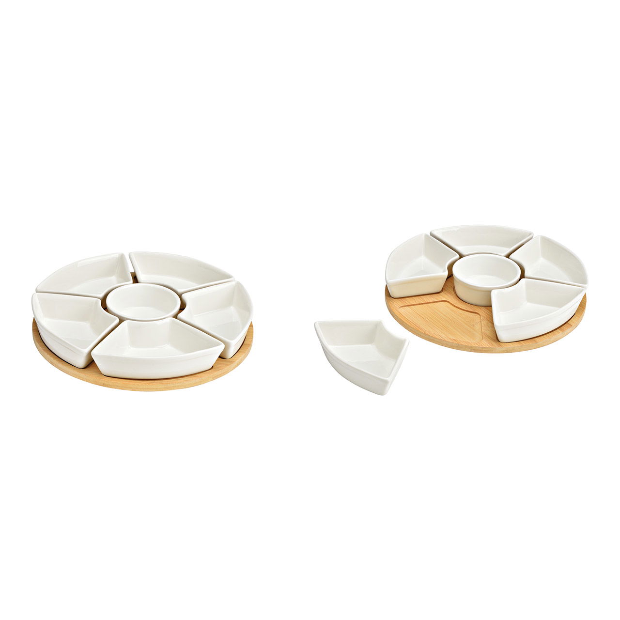 Snackschalen aus Keramik mit Bambusplatte (drehbar), 7er-Set, Weiß/Natur (B/H/T) 9x3x9cm/29x2x29cm Fußball, Sport, Töpferei