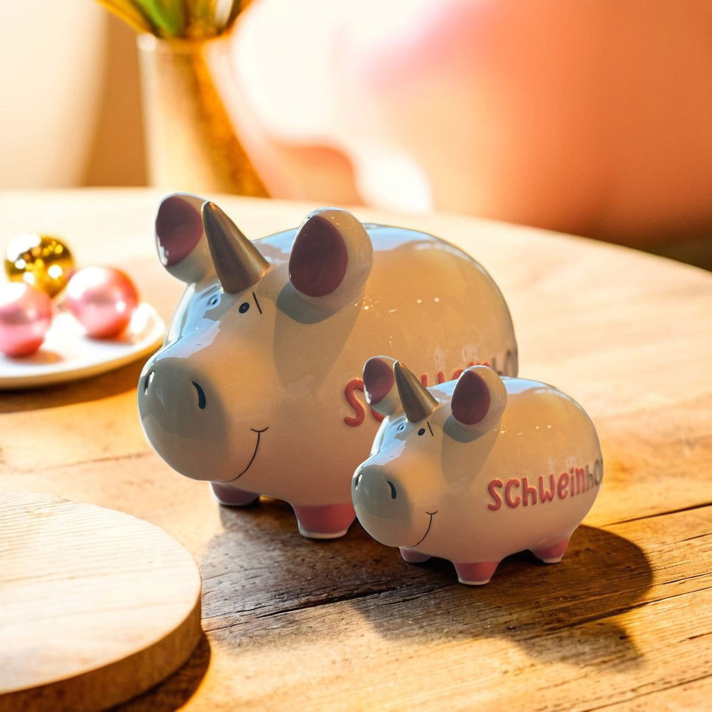 KCG Piggy bank "Pig horn" made of ceramic, white/pink/gold (W/H/D) 12.5x9x9cm Small pig Tier, Säugetier, Schwein, Sparschwein