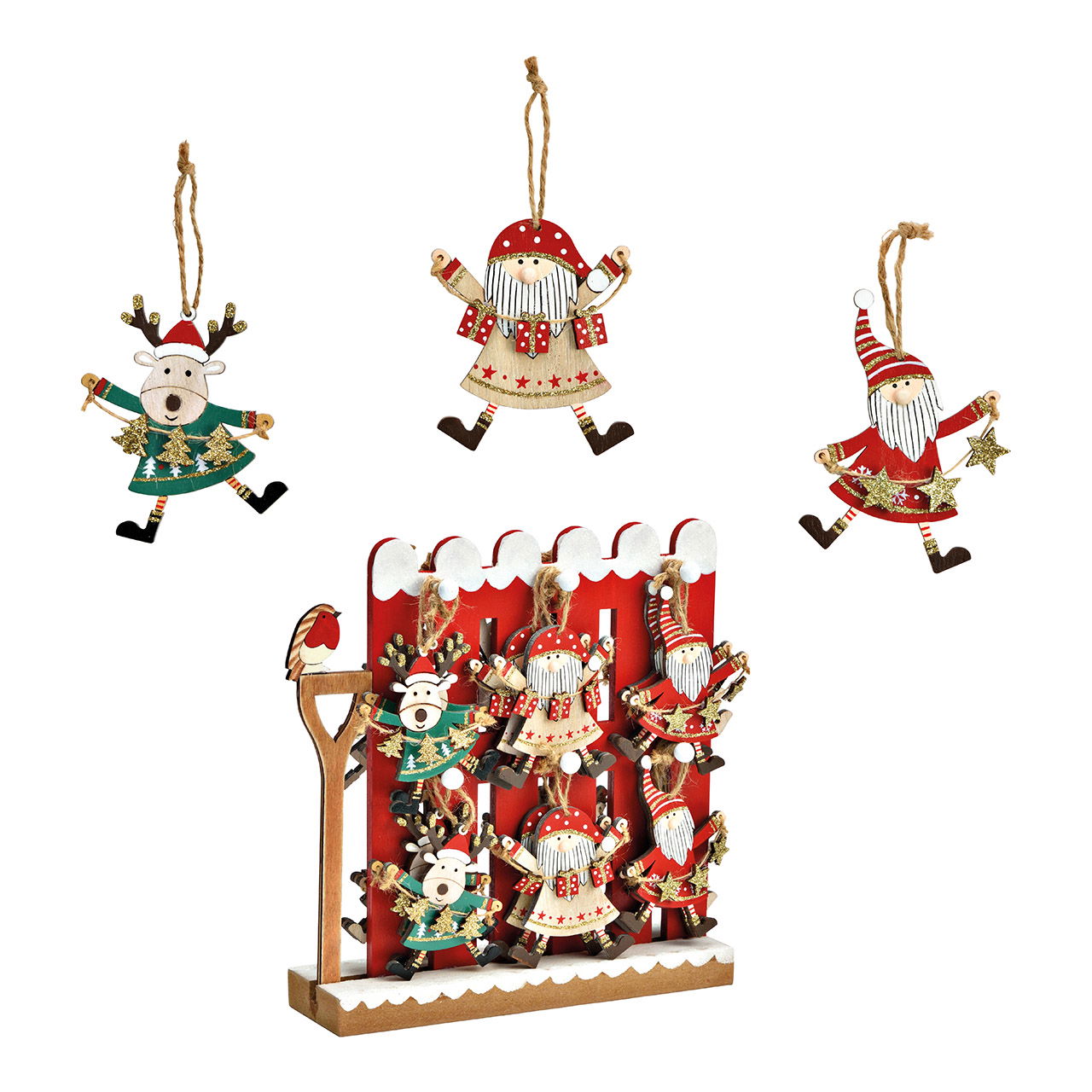 Hanger reindeer, gnome 6x8cm made of colorful wood, 24 pieces in fence display (W/H/D) 20x22x6cm