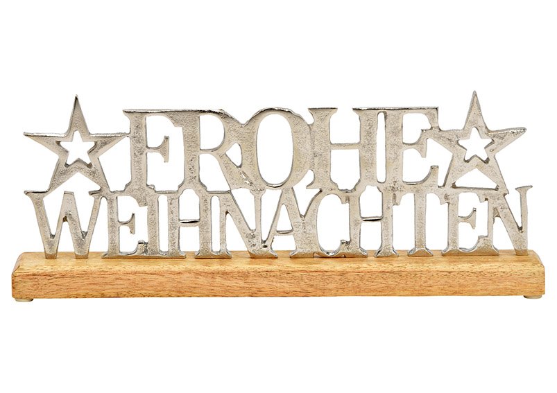 Aufsteller Schriftzug, Frohe Weihnachten, auf Mangoholz Sockel, aus Metall Silber (B/H/T) 36x14x5cm