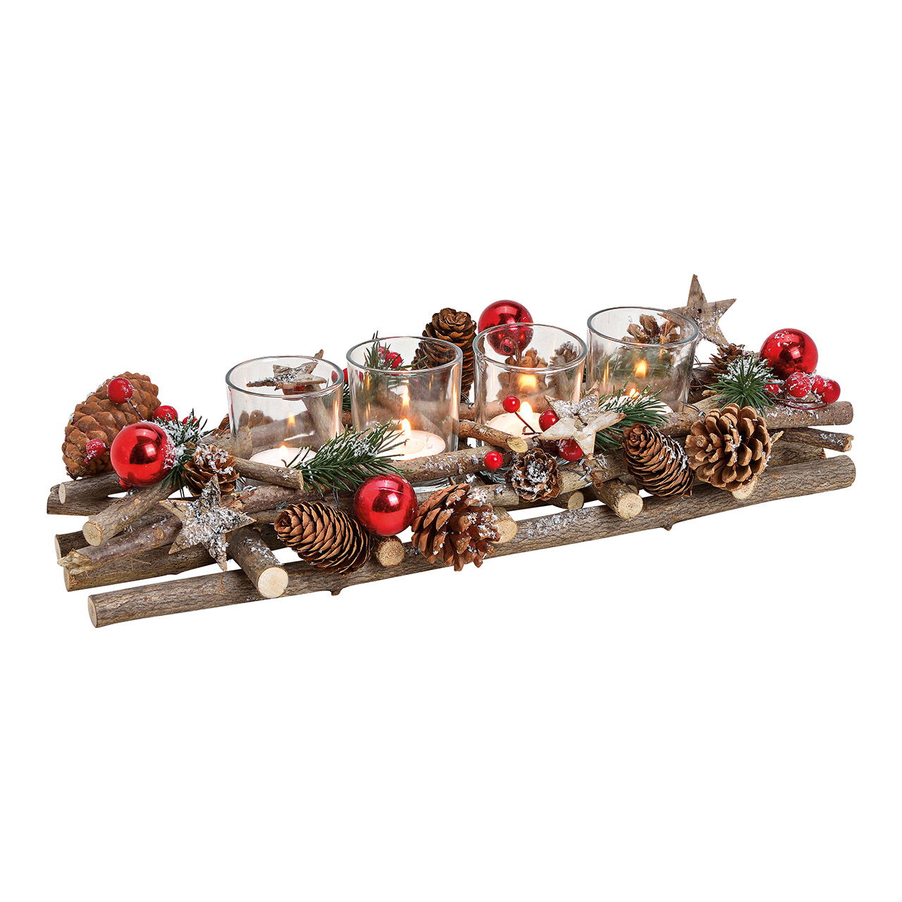 Adventsgesteck aus Holz/Glas, Braun, Silber, Rot (B/H/T) 40x10x17cm Adventsgesteck aus Holz/Glas, Braun, Silber, Rot (B/H/T) 40x10x17cm