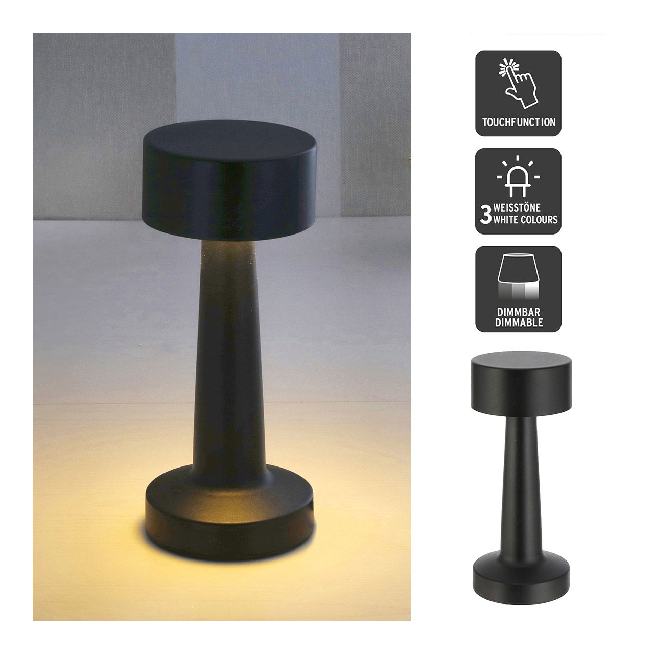 Lampe de table LED TOUCH, intérieur, USB, fer, 20LEDs 3W, variateur continu, noir (L/H/P) 9x21x9cm