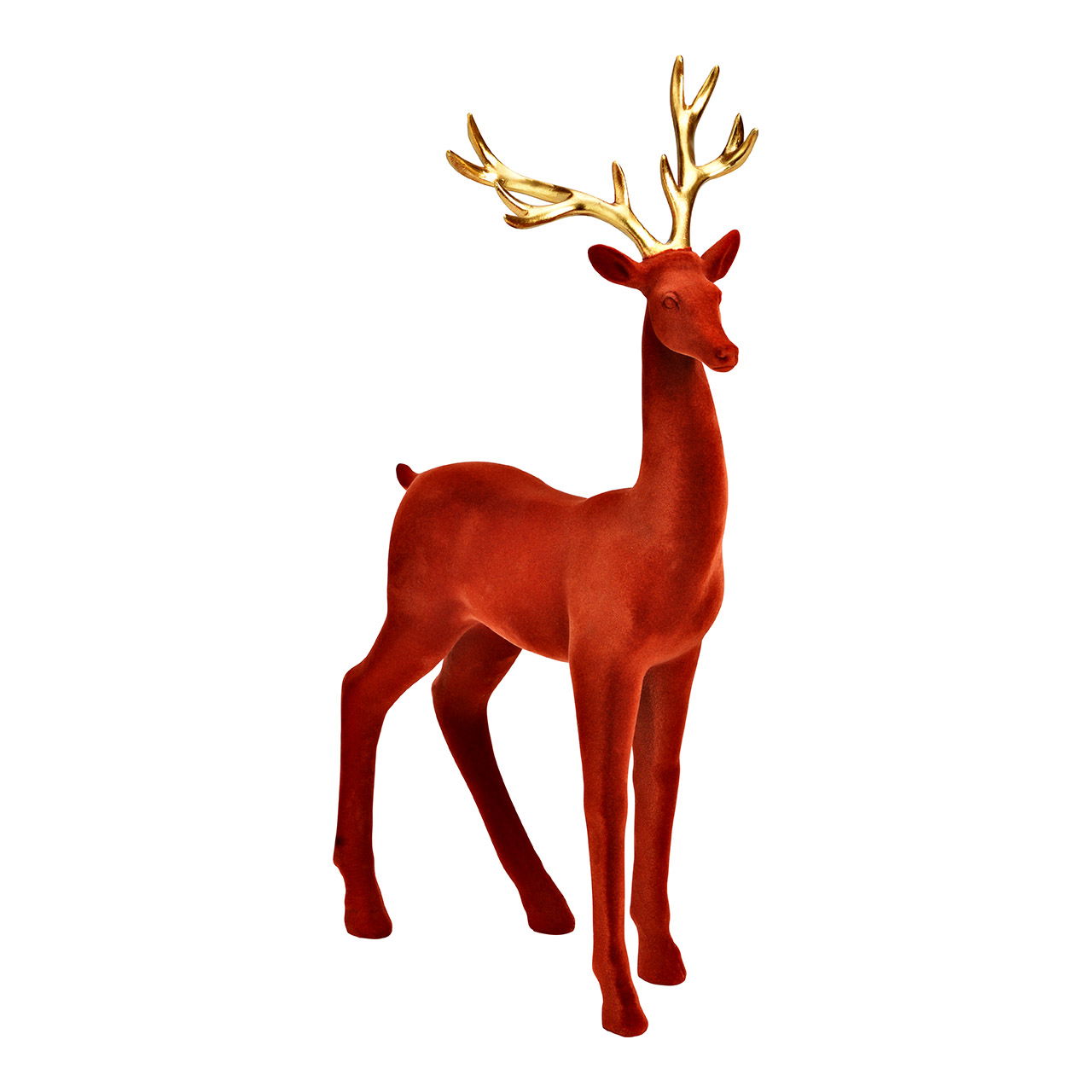 Kunststof gevlokt hert, rood/goud (B/H/D) 25x44x13cm
