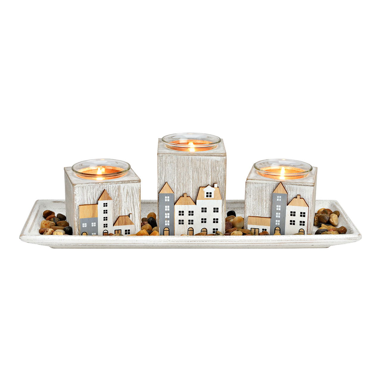 Porte-bougies à réchaud 3 maisons de ville décorées, avec 120g de pierres décoratives en bois/verre, blanc/gris (L/H/P) 34x11x13cm Porte-bougies à réchaud 3 maisons de ville décorées, avec 120g de pierres décoratives en bois/verre, blanc/gris (L/H/P) 34x11x13cm