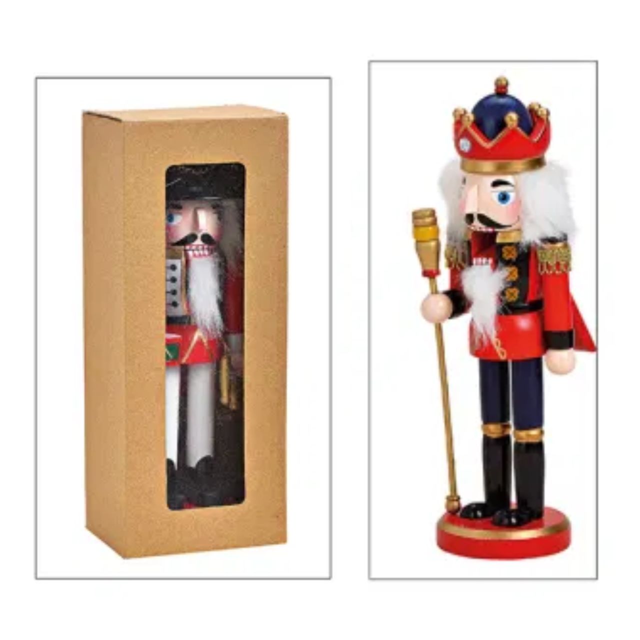 Weihnachtsmann, Nussknacker, Holzfigur, rote Uniform, Stab/Stock