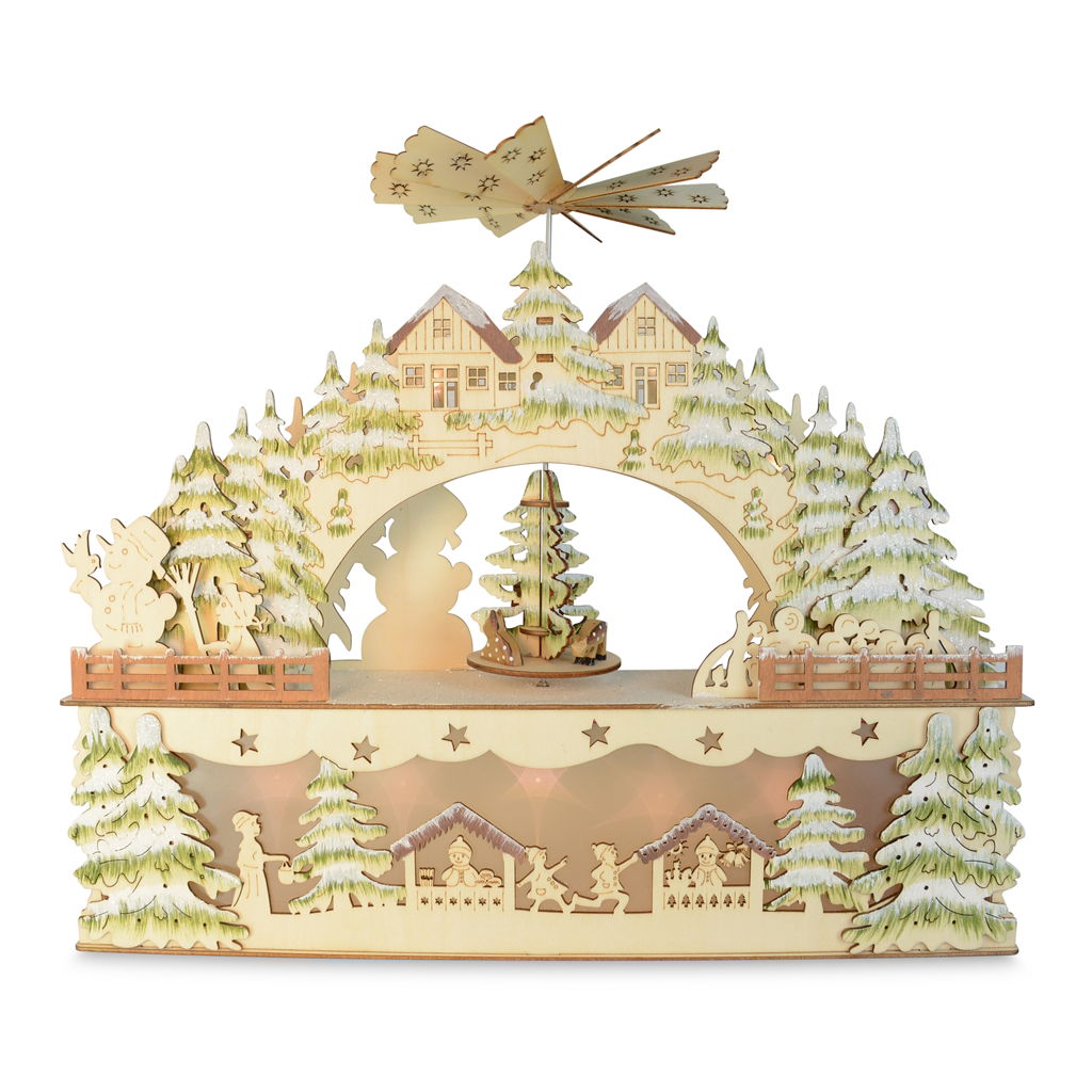 Schwibbogen Markt mit Pyramide drehend mit LED + Timer + Buchse (3x"AA", n. beinh.), Holz, 45x36 cm, 1  Stck, natur Weihnachten, Weihnachtsdekorationen, Festival