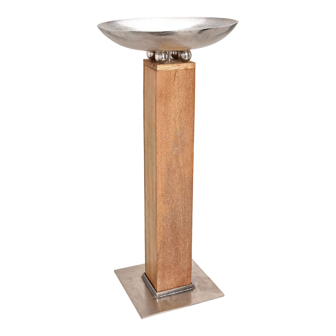 Säule aus Mangoholz mit Schale aus Metal, Braun/Silber (B/H/T) 59x125x59cm Säule aus Mangoholz mit Schale aus Metal, Braun/Silber (B/H/T) 59x125x59cm