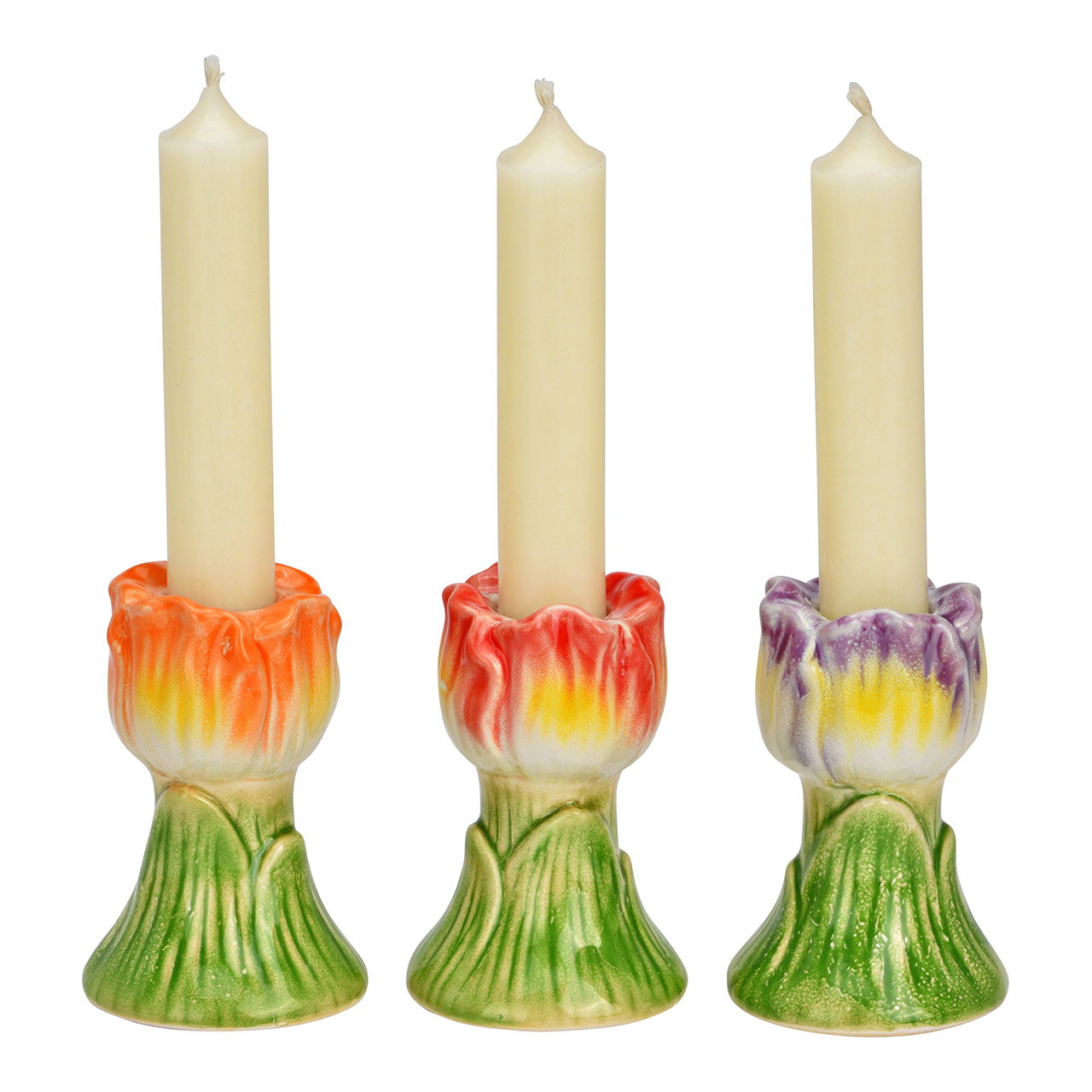 kerzen, Kerzenhalter, Tulpenform, bunt, 3er-Set