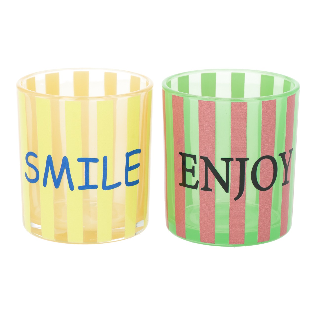 Lanterna Smile/Enjoy in vetro giallo, assortimento da 2 pezzi (L/A/P) 8x9x8 cm Becher, Streifen, Gelb, Grün, Wortaufdruck